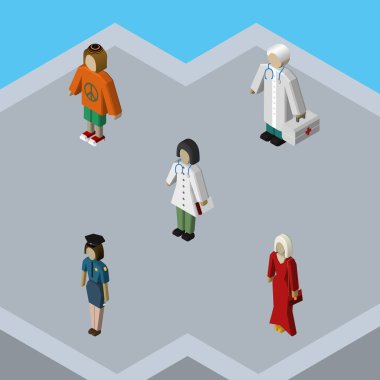 Doktor, Bayan, doktor ve diğer vektör nesneleri izometrik insan kümesi. Ayrıca kadın, hippi, memur unsurları içerir.