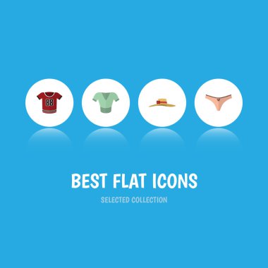 Düz simgesi elbise T-Shirt, iç çamaşırı, şık şapkalar ve diğer vektör nesnelerini ayarlayın. Ayrıca şapka, giyim, iç çamaşırı öğeleri içerir.