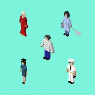 Kadın polis, denizci, hizmetçi ve diğer vektör nesneleri izometrik insan kümesi. Ayrıca Mariner, memur, erkek öğeleri içerir.