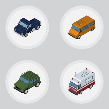 Autobus, zırhlı, ilk yardım ve diğer vektör nesneleri izometrik otomobil kümesi. Ayrıca otomatik, yardım, araba öğeleri içerir.