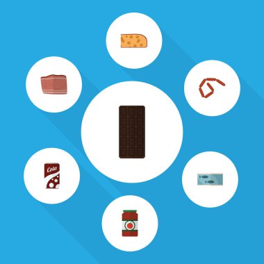 Düz simgesi yemek Bratwurst, ketçap, kaşar dilimi ve diğer vektör nesneleri kümesi. Ayrıca içki, balık, ketçap öğeleri içerir.