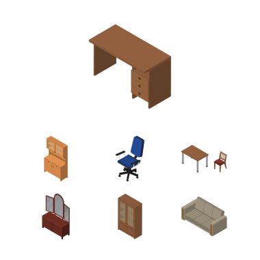 İzometrik mobilya kanepe, Masa, Office ve diğer vektör nesneleri kümesi. Ayrıca Office, çekmece, kanepe unsurları içerir.