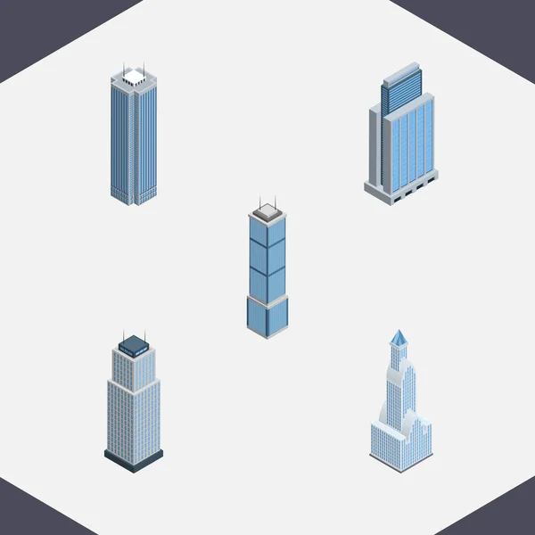 Conjunto de edifícios isométricos de torre, apartamento, arranha-céus e outros objetos vetoriais. Também inclui torre, arranha-céus, elementos urbanos . —  Vetores de Stock