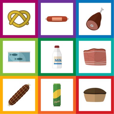 Düz simgesi gıda Kielbasa, sığır eti, spagetti ve diğer vektör nesnelerini ayarlayın. Ayrıca sığır eti, içerir kurabiye, pasta öğeleri.