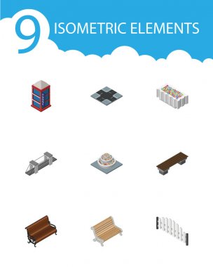 İzometrik mimari çiçek dekorasyon, telefon kulübesi, karayolu ve diğer vektör nesneleri kümesi. Ayrıca kavşak, telefon, tezgah unsurları içerir.
