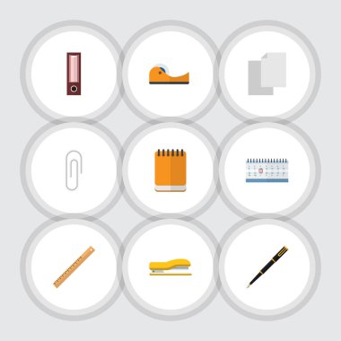 Düz simgesi ekipman kümesi dosyası, Tarih bloğu, yeşilaycı ve diğer vektör nesneleri. Ayrıca içerir yapıştırıcı, boş, dosya öğeleri.