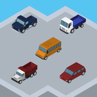 Nakliye, kamyon, Autobus ve diğer vektör nesneleri izometrik otomobil kümesi. Ayrıca pikap, Suv, sürücü unsurları içerir.
