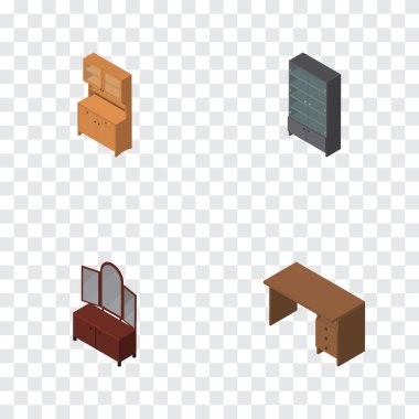 İzometrik tasarım dolap, büfe, tablo ve diğer vektör nesneleri kümesi. Ayrıca tablo, büfe, dolap öğeler içerir.