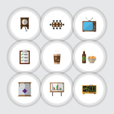Düz simgesi Oneday kümesi toplantı odası, saat, beyaz tahta ve diğer vektör nesneleri. Ayrıca Alarm, Kupası, bira öğeleri içerir.