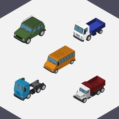 İzometrik taşıma Autobus, navlun, kamyon ve diğer vektör nesneleri kümesi. Ayrıca kamyon, ulaşım, otobüs unsurları içerir.