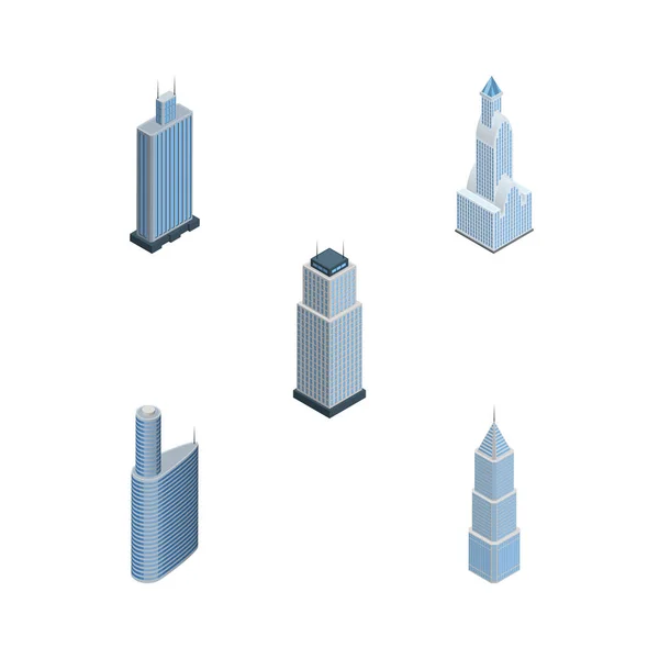 Ensemble de gratte-ciel isométrique de centre d'affaires, bâtiment, extérieur et autres objets vectoriels. Comprend aussi Paysage urbain, Extérieur, Éléments centraux . — Image vectorielle