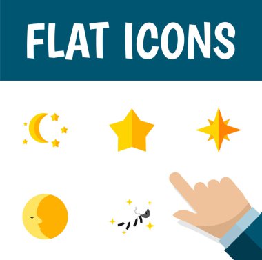 Düz simgesi yatmadan gece, yatmadan önce yıldız ve diğer vektör nesneleri ayarlayın. Ayrıca ay, içerir gökyüzü, yıldız öğeleri.