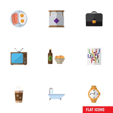 Düz simgesi yaşam tarzı dizi yönlendirici, cips, yatak ve diğer vektör nesneleri ile bira. Ayrıca bira, yatak odası, kahve öğeleri içerir.