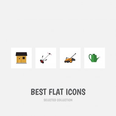 Düz simgesi çiftlik Bauer, Stabling, çimen-kesici ve diğer vektör nesneleri kümesi. Çim, sulama, kesici öğeleri de içerir.