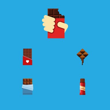 Çikolata, acı, tatlı ve diğer vektör nesnelerini düz simgesi tatlı kümesi. Konfeksiyon, şekilli, tatlı öğeleri de içerir.