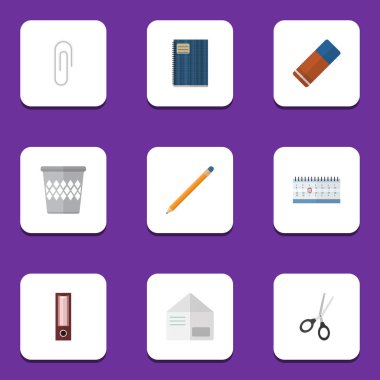 Düz simgesi ekipman kümesi çöp tenekesi, Tarih bloğu, dosya ve diğer vektör nesneleri. Ayrıca çizim, makas, Not Defteri öğelerini içerir.