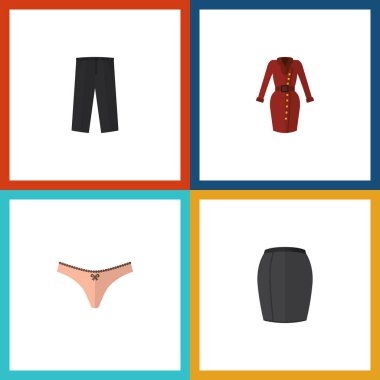 Düz simgesi elbise pantolon, şık giyim, giyim ve diğer vektör nesneleri ayarlayın. Ayrıca iç çamaşırı, kadın, iç çamaşırı öğeleri içerir.