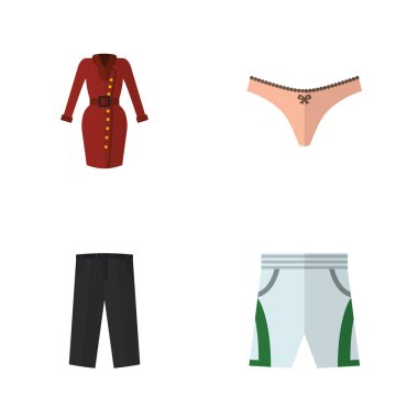 Düz Icon elbise Set iç çamaşırı, mayo kumaş, pantolon ve diğer vektör nesneleri. Ayrıca şort, külot, elbise öğeleri içerir.