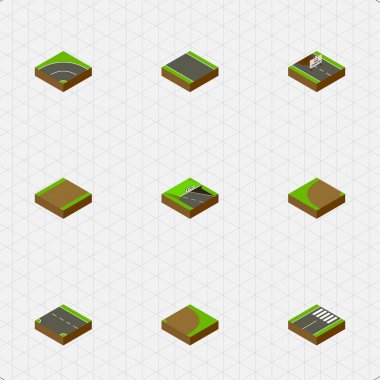 İzometrik yol asfalt, patika, altbilgi ve diğer vektör nesnelerini ayarlayın. Dönme, yaya, onarım öğeleri de içerir.