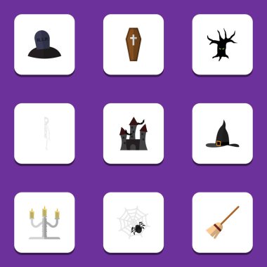 Cadı kapağı, tabut, Şamdan vektör nesnelerini düz simgesi Festival kümesi. Ayrıca mezar, Bones, mum unsurları içerir.