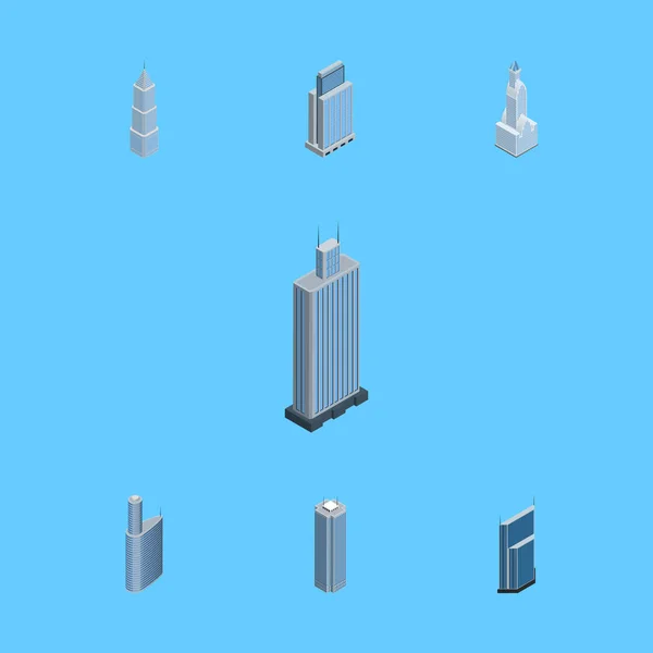 Izometrické stavebnice mrakodrap, obchodních Center, bytových a jiných vektorových objektů. Zahrnuje také centrum, budova, mrakodrap prvky. — Stockový vektor