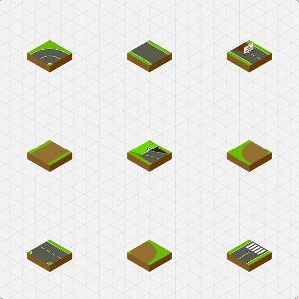 İzometrik yol asfalt, patika, altbilgi ve diğer vektör nesnelerini ayarlayın. Dönme, yaya, onarım öğeleri de içerir.