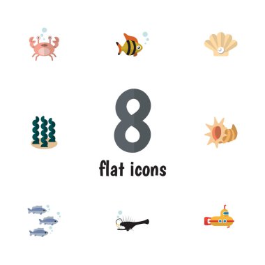 Deniz ürünleri, deniz kabuğu, Balık ve diğer vektör nesnelerini düz simgesi deniz kümesi. Ayrıca Pearl, denizaltı, kanser öğeleri içerir.