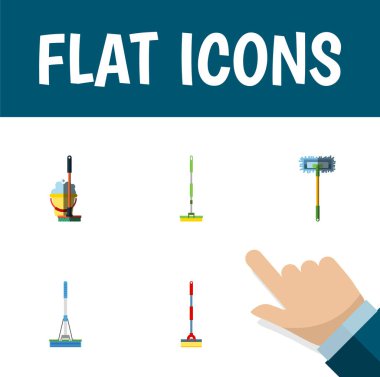 Düz simge temizleyici seti paspas, ekipman, temizlik ve diğer vektör nesneleri. Ayrıca ekipman, süpürge, kova öğeleri içerir.