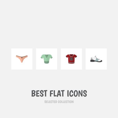 Düz simge kıyafet seti T-Shirt, rahat, iç çamaşırı ve diğer vektör nesneleri. Ayrıca iç çamaşırı, iç çamaşırı, tek biçimli öğeler içerir.
