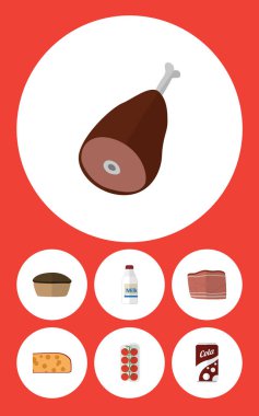 Düz simgesi gıda şişe, sığır eti, domates ve diğer vektör nesneleri ayarlayın. Aynı zamanda aşk, şişe, Kahvaltı öğeleri içerir.