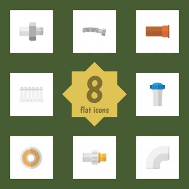 Düz simgesi sıhhi tesisat kümesi rulo, döküm, su filtresi ve diğer vektör nesneleri. Ayrıca demir, radyatör, Teflon öğeleri içerir.