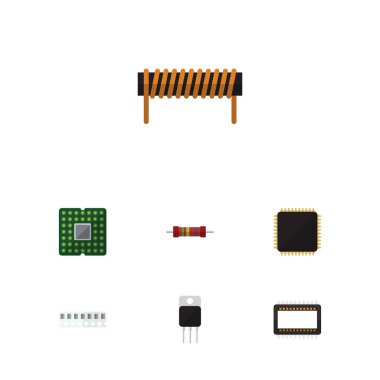 Düz simge teknoloji bobin, Cpu, bellek ve diğer vektör nesnelerini ayarlayın. Anakart, işlemci, mikroişlemci öğeleri de içerir.