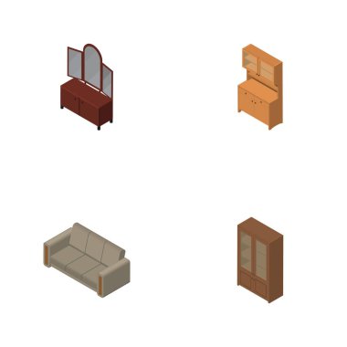 İzometrik mobilya dolap, kanepe, çekmece ve diğer vektör nesneleri kümesi. Ayrıca dolap, dolap, dolap öğeler içerir.