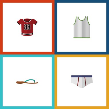 Düz simgesi giysi Beach Sandal, T-Shirt, çamaşır grupları vektör nesneleri kümesi. Ayrıca bluz, iç çamaşırı, Tank unsurları içerir.