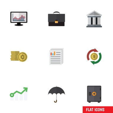 Düz simgesi Finans şemsiye, banka, kasa ve diğer vektör nesneleri ayarlayın. Ayrıca Beach, şemsiye, şemsiye öğeleri içerir.