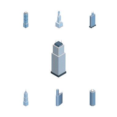 İzometrik inşaat gökdelen, dış, Cityscape ve diğer vektör nesneleri kümesi. Ayrıca yapı, gökdelen, kule elemanları içerir.