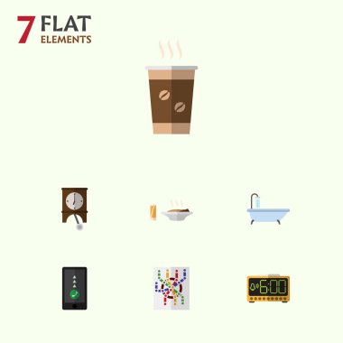 Düz simgesi hayat kapuçino, Öğle Yemeği, elektrikli Alarm ve diğer vektör nesneleri kümesi. Ayrıca yönlendirici, akıllı telefon, duş unsurları içerir.