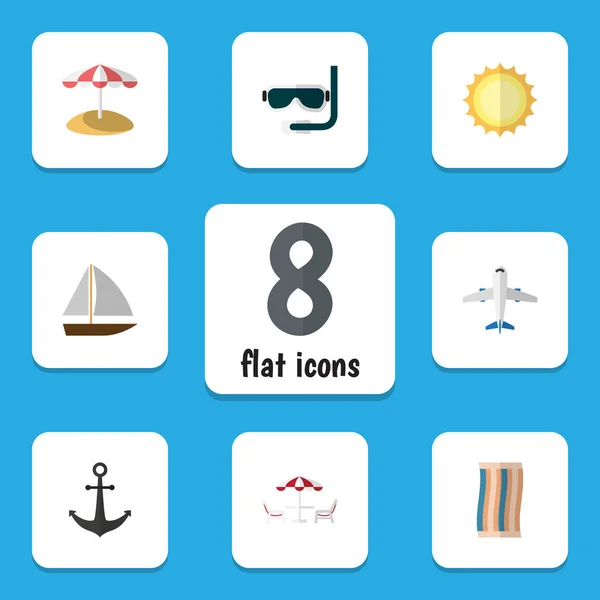 Set d'icônes plates de saison d'avions, de plongées sous-marines et d'autres objets vectoriels. Comprend également la plage, Aqualung, éléments d'avion . — Image vectorielle