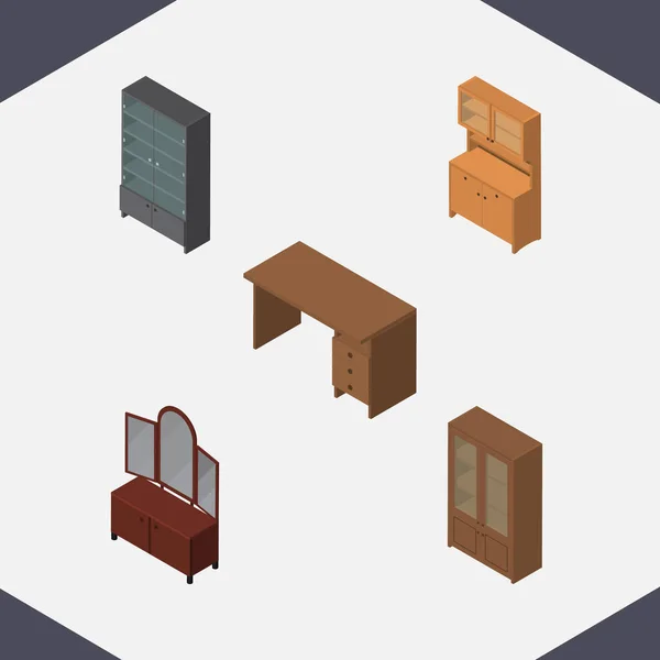Isometrisches Möbelset aus Sideboard, Schublade, Schrank und anderen Vektorobjekten. umfasst auch Schrank, Schreibtisch, Spiegelelemente. — Stockvektor