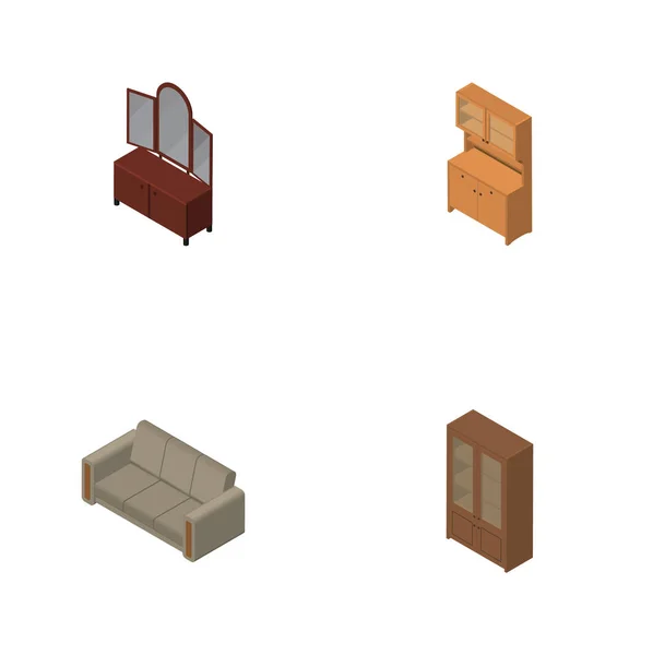 Isometrisches Möbelset aus Schrank, Couch, Schublade und anderen Vektorobjekten. umfasst auch Kleiderschrank, Spind, Schrankelemente. — Stockvektor