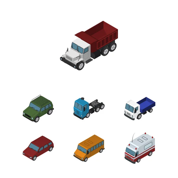 Conjunto de automóviles isométricos de blindados, camiones, mercancías y otros objetos vectoriales. También incluye SUV, Motor, Elementos del camión . — Archivo Imágenes Vectoriales