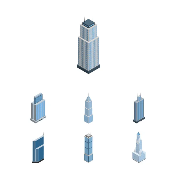 Isometrische Baugruppe von Außen-, Wohn-, Turm- und anderen Vektorobjekten. umfasst auch Wolkenkratzer, Außenanlagen, Wohnelemente. — Stockvektor