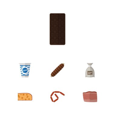 Düz simge sosis, kaşar dilimi, sığır eti ve diğer vektör nesneleri kümesi yeme. Ayrıca torba, çuval, sığır eti öğeleri içerir.