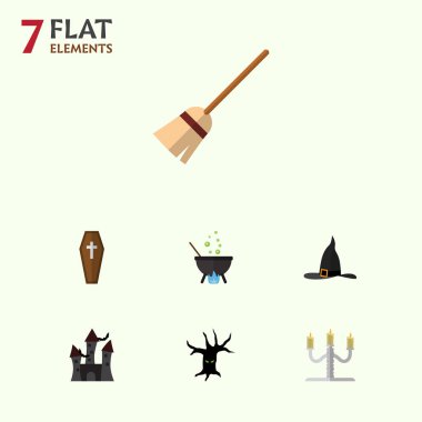 Düz simgesi Festivali süpürge, tabut, cadı şapkası ve diğer vektör nesneleri kümesi. Ayrıca tabut, süpürge, kale öğeleri içerir.