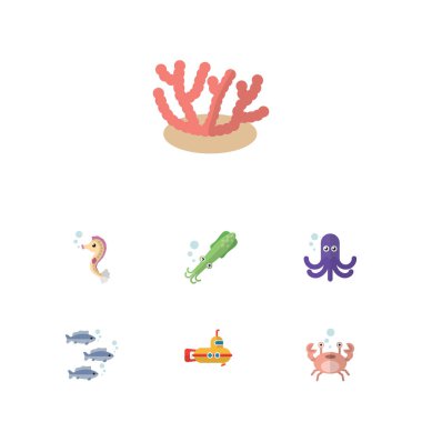 Düz simgesi deniz algler, dokunaç, kanser ve diğer vektör nesneleri kümesi. Ayrıca Hipokampus, deniz, denizaltı öğeleri içerir.