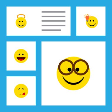 Düz simgesi jest kümesine sahip iyi bir fikir, keyifli, lezzetli yiyecek ve diğer vektör nesneleri. Ayrıca gözlük, neşeli, melek öğeleri içerir.