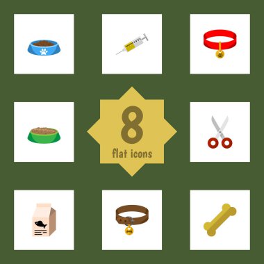 Düz simgesi hayvan tavşan yemek, makası, kedi yemek ve diğer vektör nesneleri kümesi. Ayrıca köpek yavrusu, kutusu, kemik öğeleri içerir.