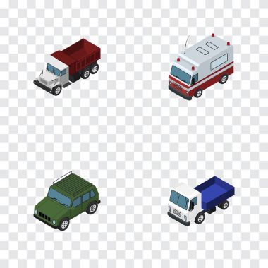 İzometrik Taşıma Nakliye, kamyon, ilk yardım ve diğer vektör nesneleri kümesi. Ayrıca navlun, Suv, zırhlı öğeleri içerir.