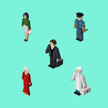 İzometrik insanlar kadın, Doktor, memur ve diğer vektör nesneleri kümesi. Ayrıca Doktor, polis, öğretmen öğeleri içerir.