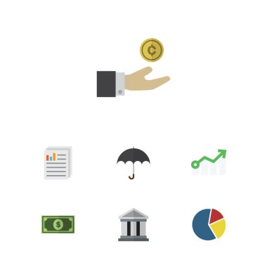 Düz simgesi Finans Bank, grafik, belge ve diğer vektör nesnelerini ayarlayın. Ayrıca şemsiye, büyüme, dolar öğeleri içerir.